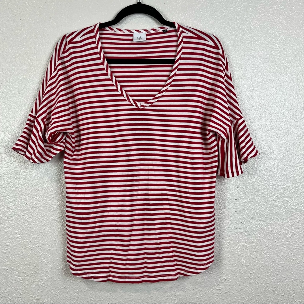 CAbi Women Small Bell 3/4 Sleeve V-neck Comfort Red‎ White Striped Blouse Top - Picture 13 of 13